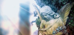 Iimage of an angel on a cemetery in sunlight. Ancient statue.