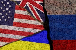 Conceptual image: on the one hand, the flags of Great Britain, the United States and Ukraine, on the other hand, the flag of Russia, as a symbol of confrontation, the struggle for freedom and justice.
