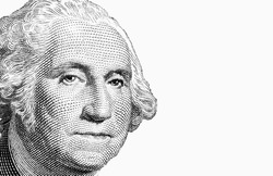 Macro image of George Washington on one US Dollar bancnote as symbol of economy, finances and business of America. Black and white image. Copy space.