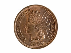 United States of America Indian Head one cent coin isolated on white background. Coin is grade mint state condition as uncirculated. 