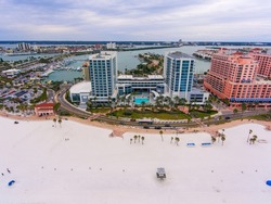 Wyndham Grand Clearwater Beach Hotel aerial view in a cloudy day, city of Clearwater, Florida FL, USA. 