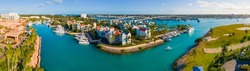 Harborside Villas panoramic aerial view and Paradise Island Bridge at Nassau Harbour, from Paradise Island, Bahamas.