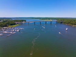 Raymond E. Baldwin Bridge crossing the Connecticut River at the mouth between town of Old Saybrook and Old Lyme, Connecticut CT, USA. The bridge carries Interstate Highway 95 and US route 1 traffic. 