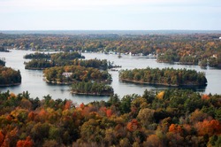 Thousand Islands aerial view in fall, from Sky deck on Hill Island, on the border of Canada and USA