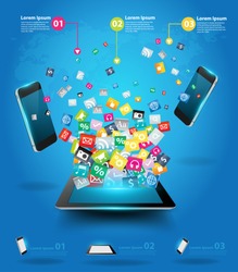 Creative tablet computer with mobile phones cloud of colorful application icon, Business software and social media networking online store service concept, Vector illustration modern template design