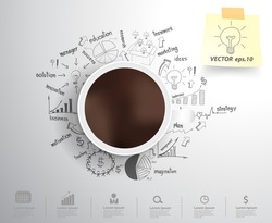 Coffee cup on drawing business strategy plan concept idea, Workflow layout, diagram, step up options, Vector illustration modern template design