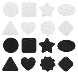 Set of Black and White stickers mock up. Blank tags labels of different shapes, isolated on white background with clipping path