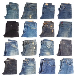 Collection of folded jeans isolated on white background