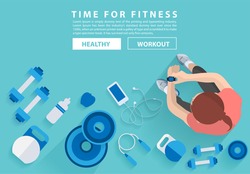 Fitness woman workout in gym with equipment background, Vector illustration layout template design