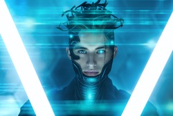 Warrior of the future. A brave cyberpunk warrior in protective uniform stands and looks at camera on alert in neon light. Game, virtual reality.