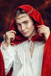 A young prince of elves in a red velvet cloak and a crown on his head. Studio portrait on a black background. Fairy tale, magic. Fantasy.
