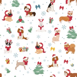 Dog characters in Santa hats and scarves. Christmas holiday seamless pattern design. Vector illustration