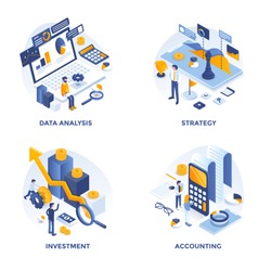 Modern Flat Isometric designed concept icons for Data Analysis, Strategy, Investment and Accounting. Can be used for Web Project and Applications. Vector Illustration