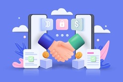 Smart digital contract with 3d shapes. Handshake coming out of two mobile phones isolated on blue background. Vector 3d illustration