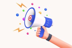 Cartoon hand holding megaphone 3d render on white background with copy space. Digital Marketing concept. 3d Vector illustration
