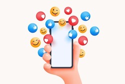 Modern 3D cartoon hand holding smartphone with Likes, hearts and smile notification icons on white background. Social media and marketing concept. Vector 3D illustration