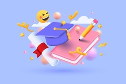Minimal background for online education concept. Book with graduation hat on pastel purple background. 3d vector illustration