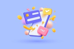 3d pay with mobile phone, banking online payments icon concept. Pay button on smartphone transaction with credit card. 3d mobile with financial bills receipt. 3d vector illustration