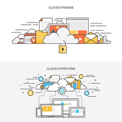 Set of Flat Line Color Banners Design Concepts for cloud storage and Cloud computing. Vector