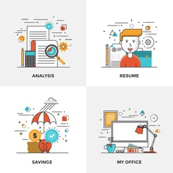 Modern flat color line designed concepts icons for Analysis, Resume, Savings and My Office. Can be used for Web Project and Mobile Platforms. Vector Illustration