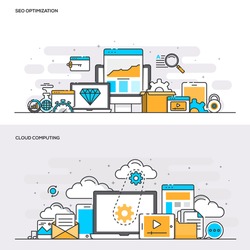 Set of Flat Line Color Banners Design Concepts for SEO Optimization and Cloud Computing. Concepts web banner and printed materials. Vector Illustration
