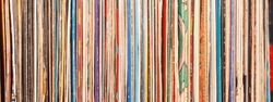 Collection of old vinyl records. closeup. copy space