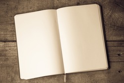 White blank pages sketch book on wood table vertical  