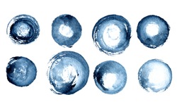 Blue hand painted watercolor bubbles. Web elements for icons, banners and labels. Isolated shapes on white background.