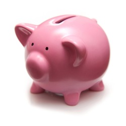 Piggy bank style money box isolated on a white studio background.