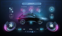 Modern sports car dashboard with navigation display. Cockpit of futuristic autonomous car. Abstract virtual graphic touch user interface. Car Auto Service, Modern Design, Diagnostic Auto.