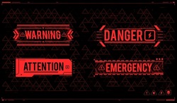 Conceptual Layout with HUD elements for print and web. Lettering with futuristic user interface elements. HUD danger zone. warning and alert attention signs.