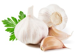 Garlic isolated on white background. Garlic with leaf.