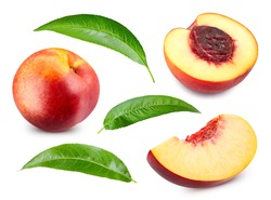 Peach collection. Nectarine fruit and half with leaf isolated on white background. Peach clipping path