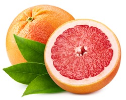 Grapefruit with half on white background. Grapefruit citrus fruit clipping path.