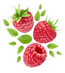 Flying raspberry with green leaves isolated on white background. Raspberry collection with clipping path