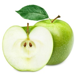 Green apple fruits and half of apple and green leaves isolated on white background
