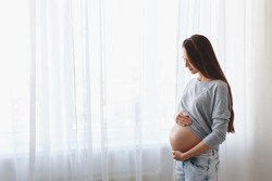 Young beautiful pregnant woman standing at home near the window.