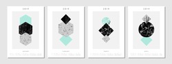 Four printable A4 size 2019 calendar templates for January, February, March and April. Abstract compositions with textured geometric shapes in black, gray and light blue. Minimalist and modern.
