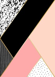 Abstract geometric composition in black, white, gold and pastel pink. Hand drawn vintage texture, lines, dots pattern and geometric elements. Modern abstract design poster, cover, card design.
