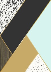 Abstract geometric composition in black, white, gold and mint. Hand drawn vintage texture, lines, dots pattern and geometric elements. Modern and stylish abstract design poster, cover, card design.