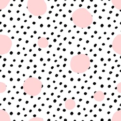 Hand drawn seamless repeat pattern with round shapes in pastel pink and black dots texture on white background. Modern and original textile, wrapping paper, wall art design.