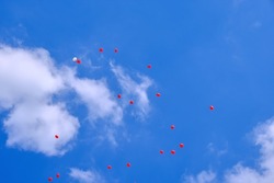 Heart-shaped balloons ascend into the blue cloudy sky.