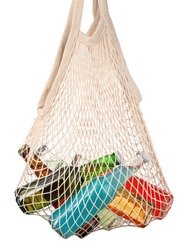 Bottles with alcohol in a mesh bag, close up