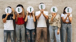 Group of young people hiding their face with the world Future - what prospects for new generations?- Concept of youth wondering about his future.