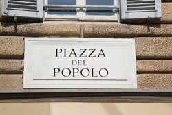 large written Piazza del Popolo that means square of the people in italian language which is the main square in Rome capital of Italy