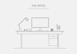 Business Office Desk Line Art Vector Illustration