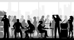 Editable vector silhouettes of people in a crowded busy office with all figures as separate objects 