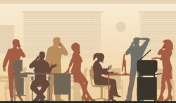 Editable vector illustration of business people in an office all talking on cellphones