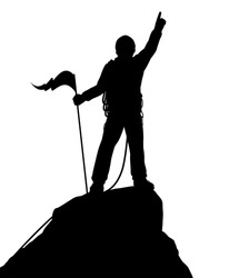 Editable vector silhouette of a successful climber on a mountain summit