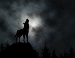 Editable vector silhouette of a howling wolf with moonlit clouds background made using a gradient mesh